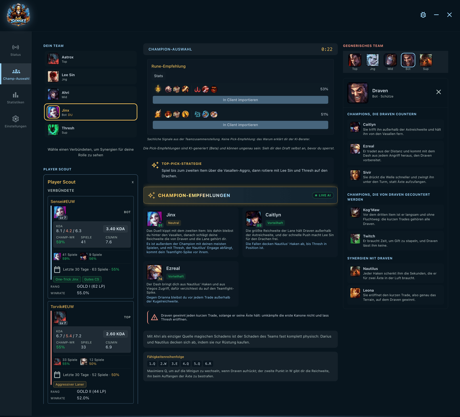 Aufnahme des Champion-Select-Tabs: links die fünf Picks deines Teams mit dem Player Scout darunter, in der Mitte die beiden vorgeschlagenen Runenseiten mit ihren Import-Schaltflächen, die Pick-Strategie und die empfohlenen Champions mit ihren Hinweisen und der Skillreihenfolge, und rechts das gegnerische Team mit den Counter- und Synergiekarten zu Draven.