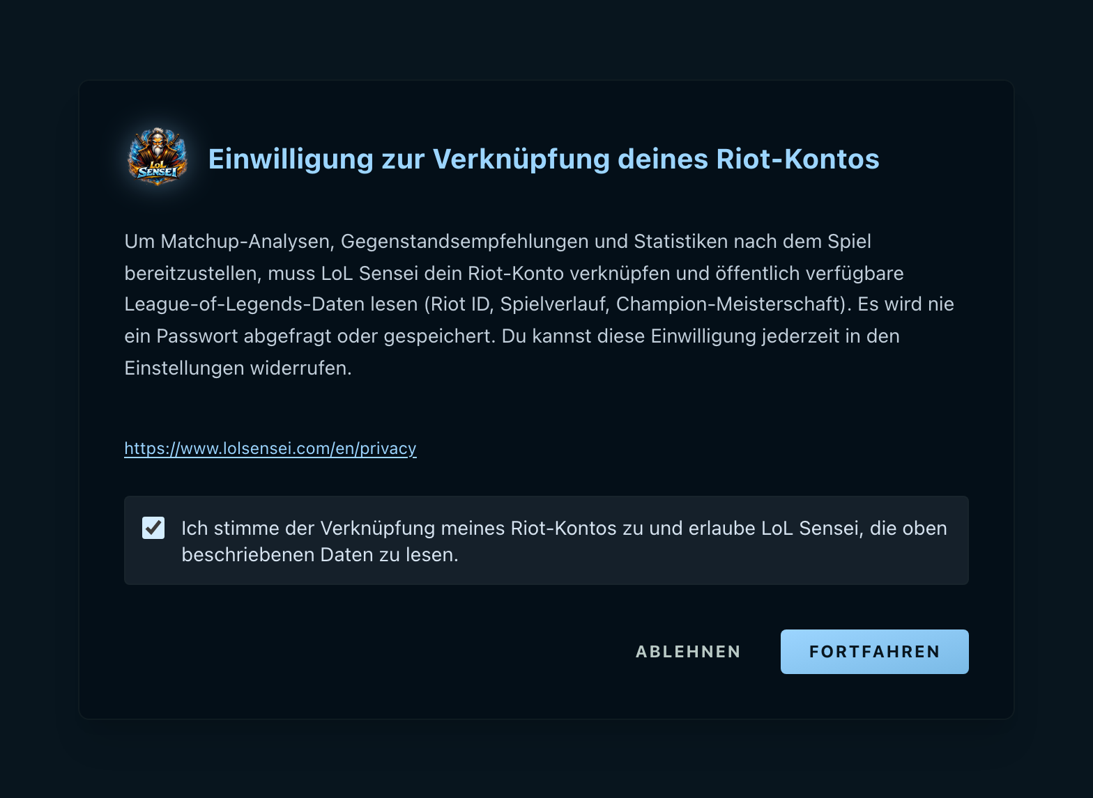 Aufnahme des Einwilligungsfensters: der Absatz mit den Riot-Daten, die gelesen werden, der Link zur Datenschutzerklärung, das gesetzte Häkchen und die Schaltflächen Ablehnen und Weiter.
