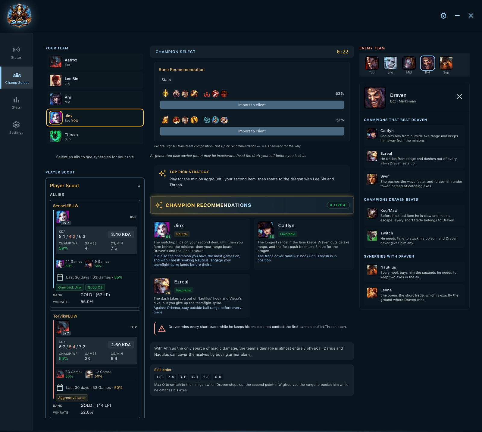Capture of the champion select tab: on the left the five picks of your team with the player scout underneath, in the middle the two suggested rune pages with their import buttons, the pick strategy and the recommended champions with their notes and the ability order, and on the right the enemy team with the counter and synergy cards for Draven.