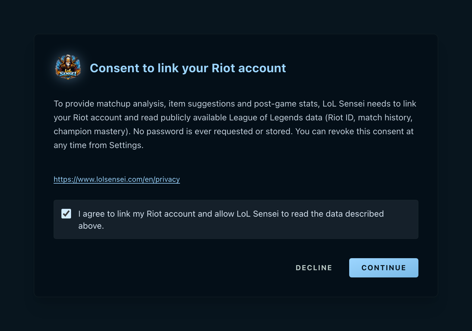 Capture of the consent window: the paragraph listing which Riot data is read, a link to the privacy policy, a ticked consent box, and the Decline and Continue buttons.