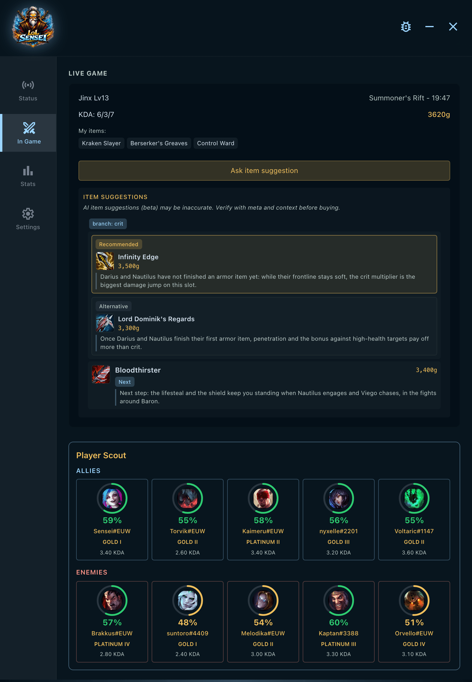 Capture of the in-game tab: the header with champion, level, kills, deaths, assists and gold, the items already bought, the item suggestions with the recommended item, the alternative and the next one, each with its reason, and below the ten players with their win rate, their rank and their KDA.