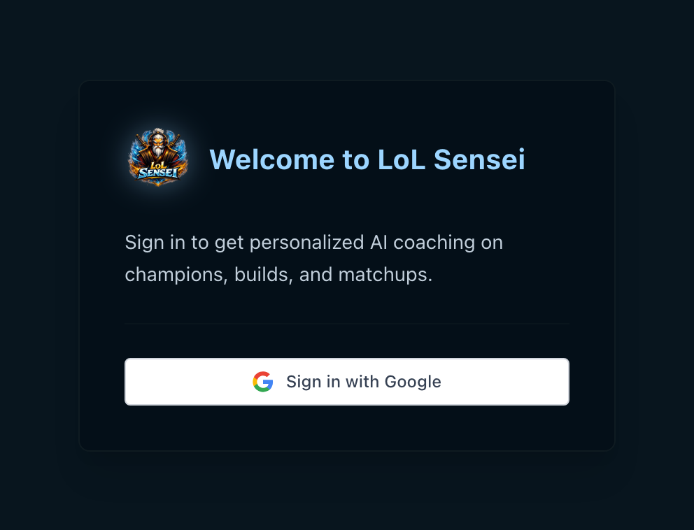 Capture of the sign-in window: the LoL Sensei logo, a welcome line, and a single button, Sign in with Google.