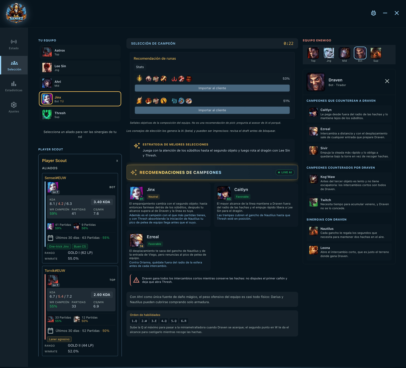Captura de la pestaña de selección de campeones: a la izquierda las cinco elecciones de tu equipo con el player scout debajo, en el centro las dos páginas de runas sugeridas con sus botones de importación, la estrategia de elección y los campeones recomendados con sus notas y el orden de habilidades, y a la derecha el equipo enemigo con las tarjetas de counter y de sinergia de Draven.