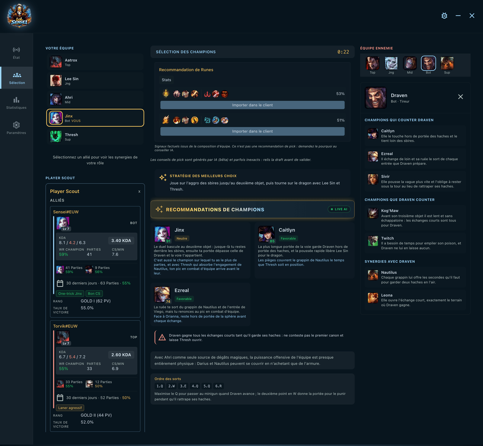 Capture de l'onglet sélection des champions : à gauche les cinq picks de ton équipe avec le player scout en dessous, au centre les deux pages de runes proposées avec leurs boutons d'import, la stratégie de pick et les champions conseillés avec leurs notes et l'ordre des compétences, et à droite l'équipe adverse avec les fiches counter et synergie de Draven.