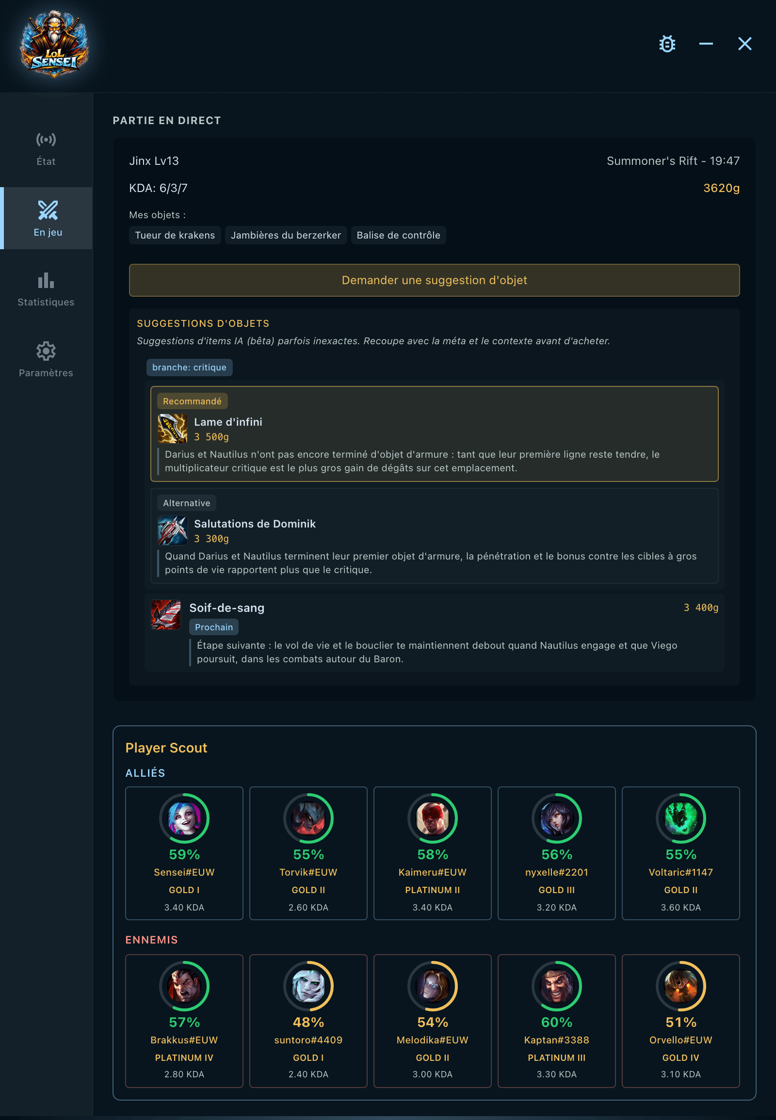Capture de l'onglet en partie : l'en-tête avec le champion, le niveau, les éliminations, les morts, les passes décisives et l'or, les objets déjà achetés, les suggestions d'objets avec l'objet conseillé, l'alternative et le suivant, chacun avec sa justification, et en dessous les dix joueurs avec leur taux de victoires, leur rang et leur KDA.