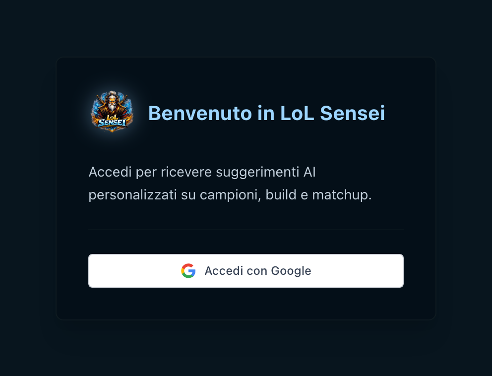 Fotografia della finestra di accesso: il logo di LoL Sensei, una riga di benvenuto e un solo pulsante, Accedi con Google.